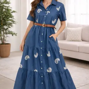 Paisley Print Denim Maxi Dress With Belt