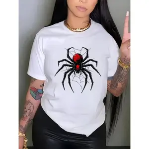 Women's Casual Short Sleeve T-Shirt - Vibrant Red Relaxed Fit Spider Graphic Print Round Neck Top, Machine Washable All-Season Comfort for Casual Attire
