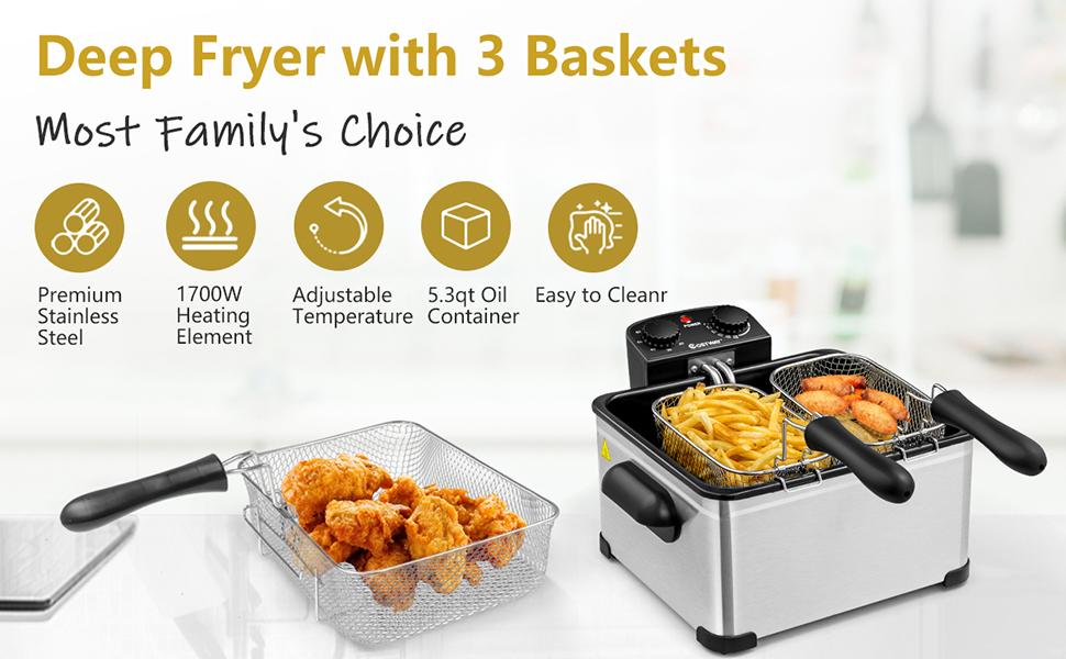 COSTWAY Deep Fryer with Basket, 3.2Qt/5.3Qt Stainless Steel Electric Oil Fryer w/Adjustable Temperature, Timer, Lid with View Window-Christmas Festival Gift Black Friday Cyber Monday COSTWAY Deep Fryer with Basket, 3.2Qt/5.3Qt Stainless Steel Electric Oil Fryer w/Adjustable Temperature, Timer, Lid with View Window-Christmas Festival Gift Black Friday Cyber Monday