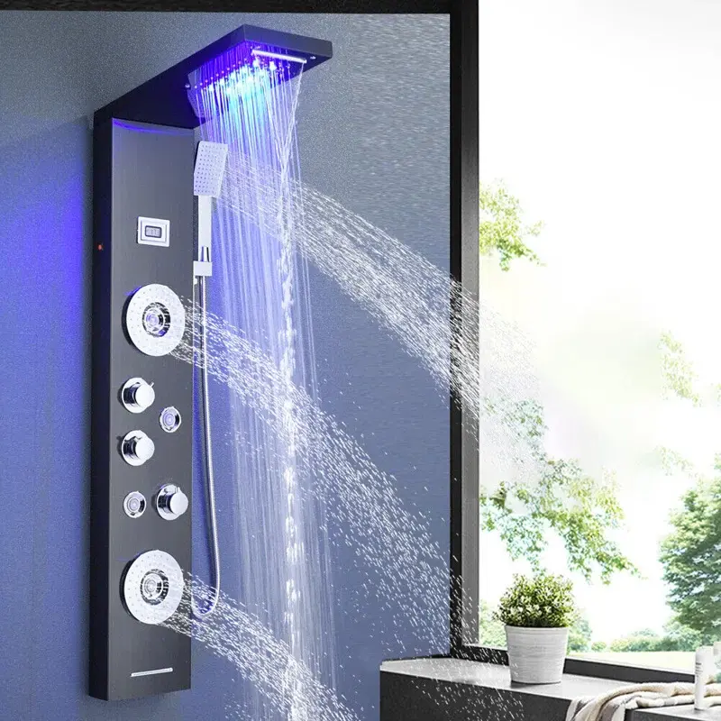 Matte Black Luxury Shower Shower Set, Waterfall Massage Body Jet System, Stainless Steel Rainfall Shower Shower with Handheld Shower And Tub Faucet, 5 Functions, Digital Display, Wall Mount Installation, Modern Premium Design, for Shower Use Only