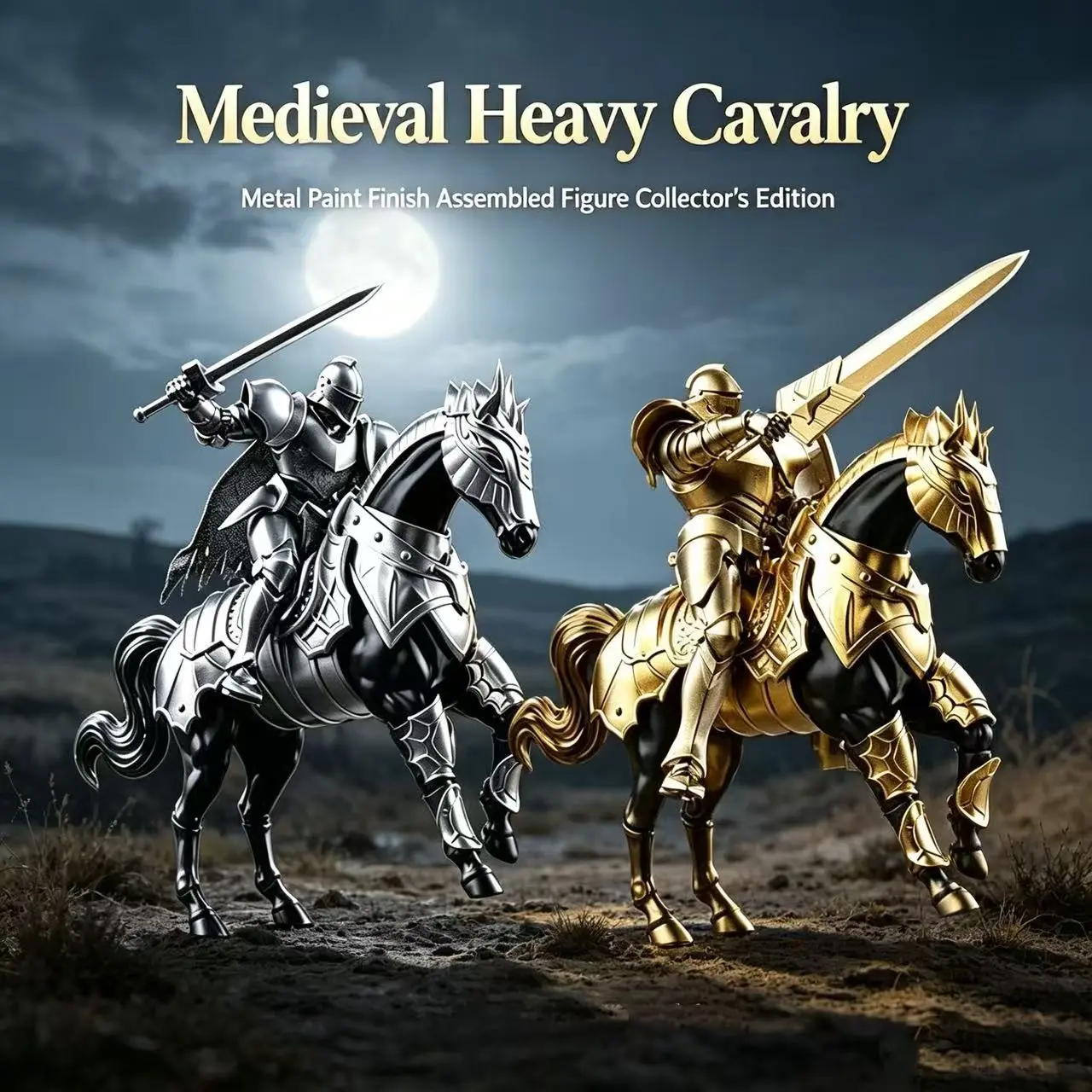 Self-Assembly Medieval Heavy Armor Cavalry Set, Action Figure, Gold and Silver Color Knights, Epic Battlefield Atmosphere, Desktop Collectible Figurines, Figurines Collectibles