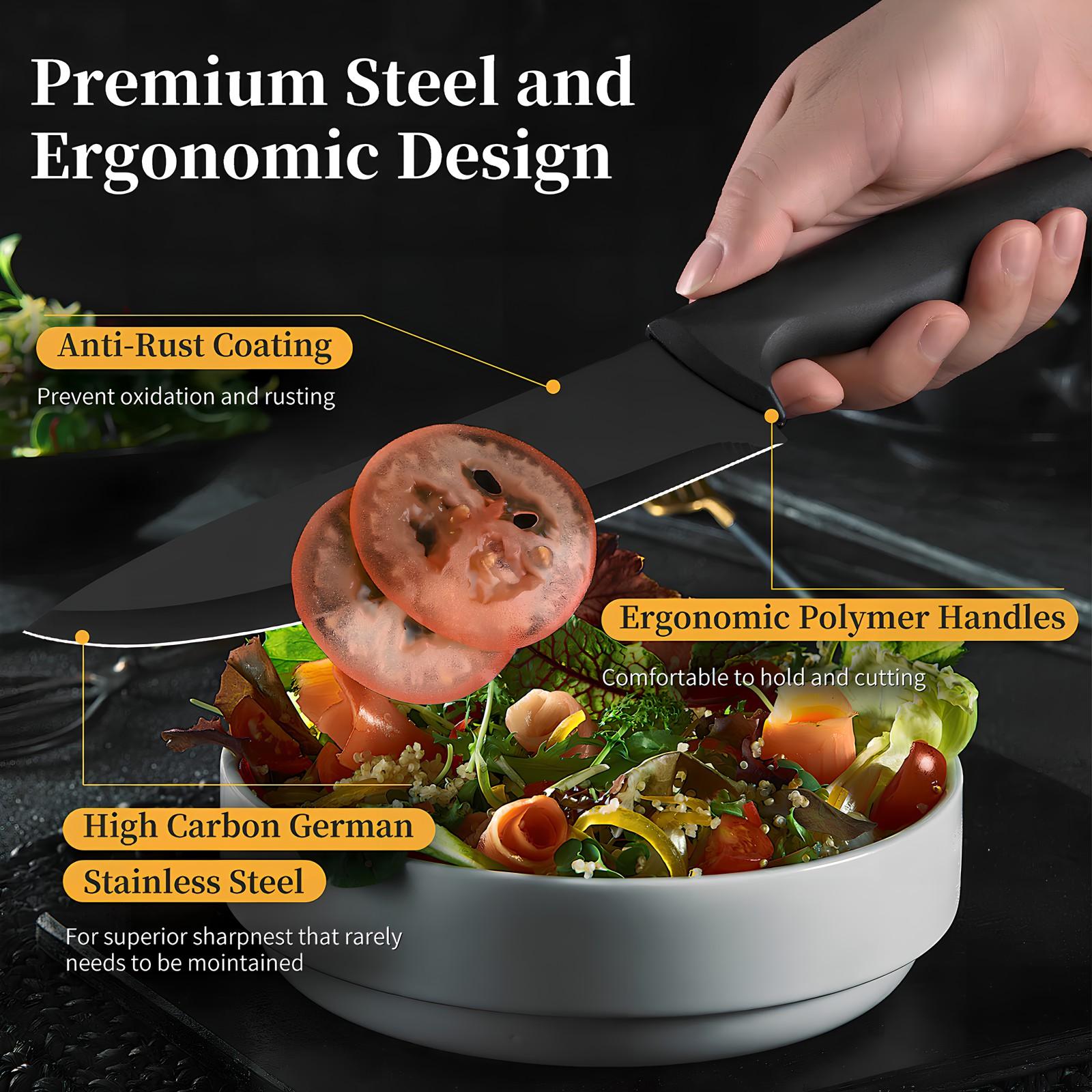 XBJ Premium 15-Piece Stainless Steel Kitchen Knife Set (with Built-in Sharpener): Including Chef's Knife, Japanese-Style Knife, Meat Cleaver, Bread Knife, Steak Knives and Scissors. The plastic handles are washable, making it an ideal gift choice. Block