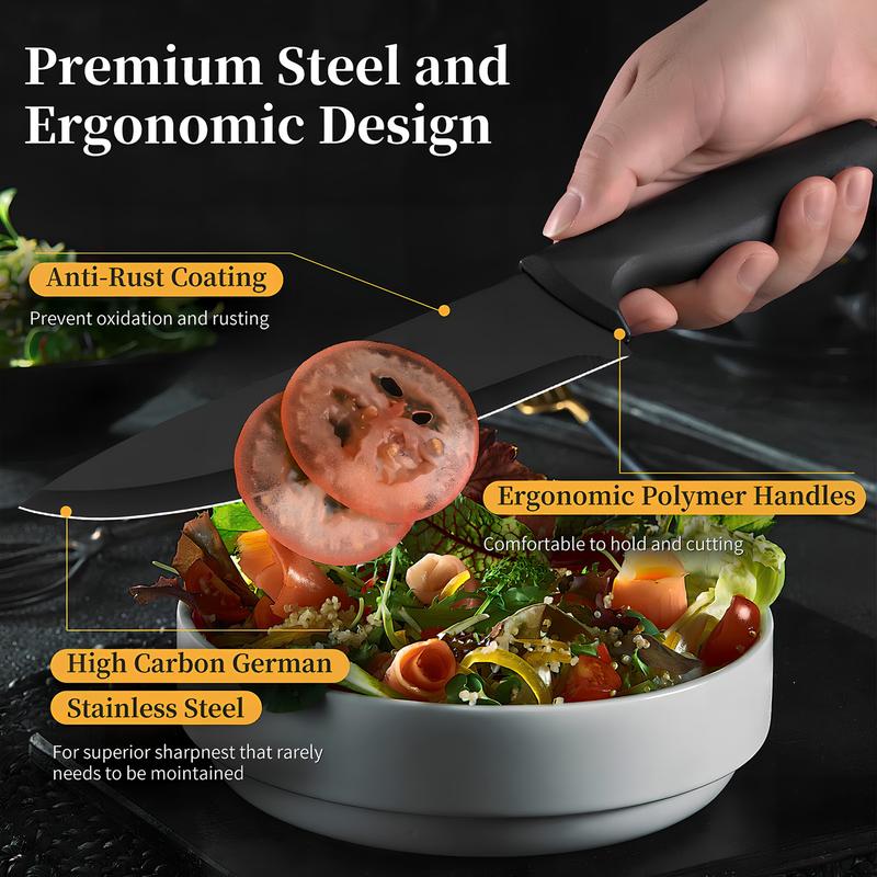 XBJ Premium 15-Piece Stainless Steel Kitchen Knife Set (with Built-in Sharpener): Including Chef's Knife, Japanese-Style Knife, Meat Cleaver, Bread Knife, Steak Knives and Scissors. The plastic handles are washable, making it an ideal gift choice. Block