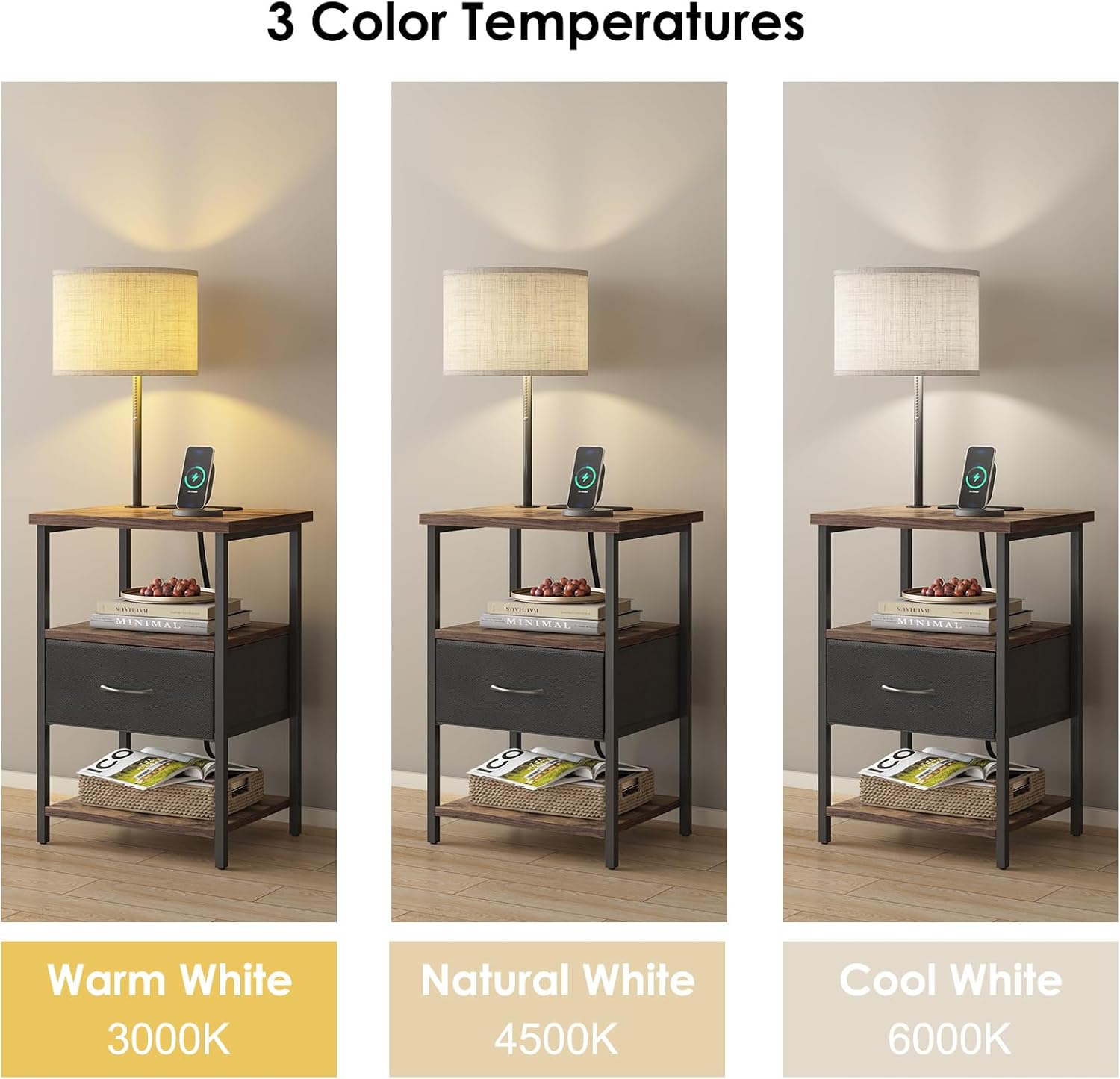 Nightstand with Lights Bedside Table with 3 Color Temperatures Bulb, Night Stand with Charging Station End Table with Adjustable Fabric Drawer for Bedroom Dorm
