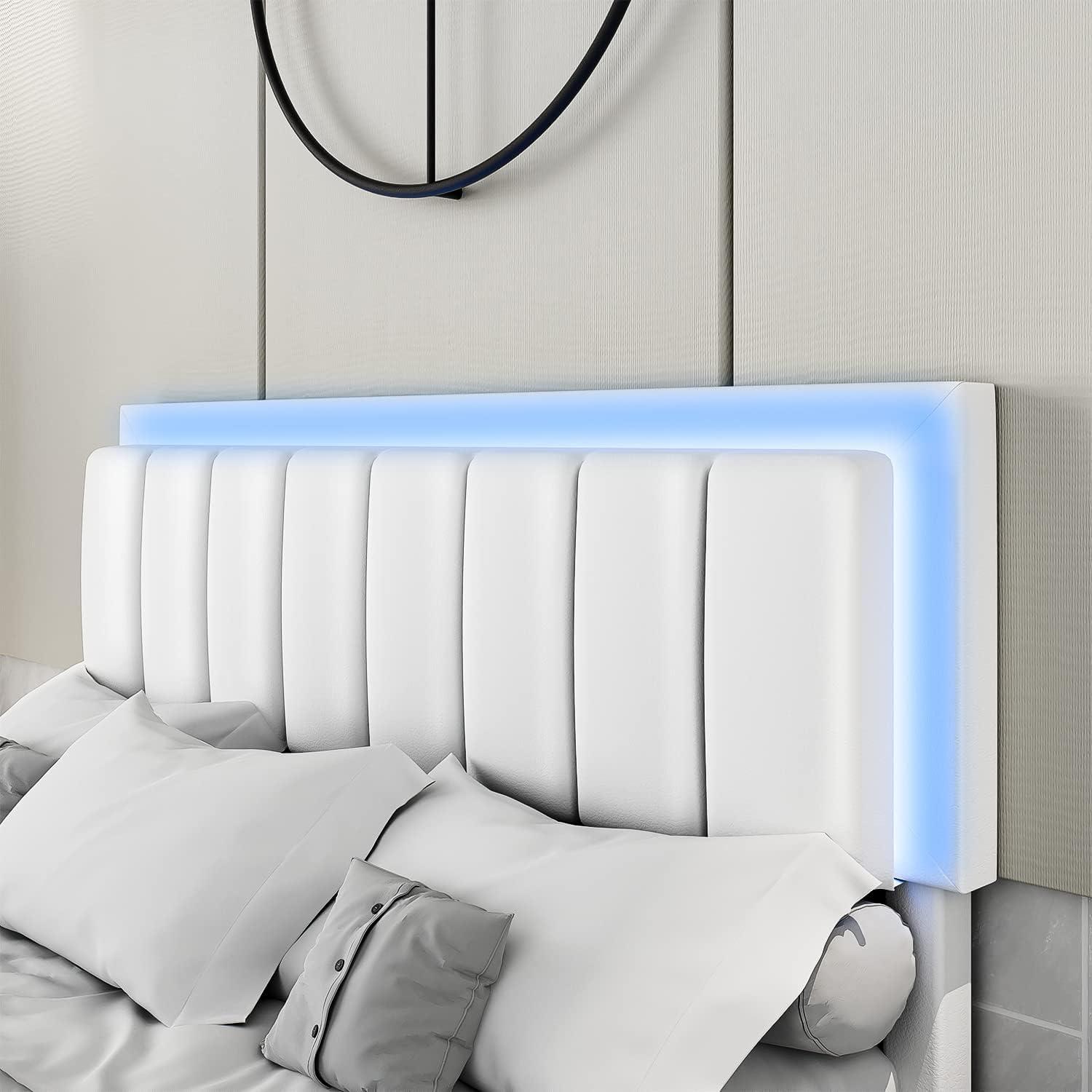 HOMBCK Bed Frame with Drawers and LED Lights, Mattress not included, Faux Leather Headboard, No Box Spring Needed, Easy Assembly