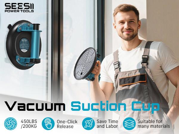 SEESII Suction Cups for Glass Lifting: 8" Tile Suction Cup Lifter with Handle and Pump, 200KG Load Capacity Heavy Duty Vacuum Lifter for Lifting Large Tile, Granite, Metal, Windows (2-Pack)