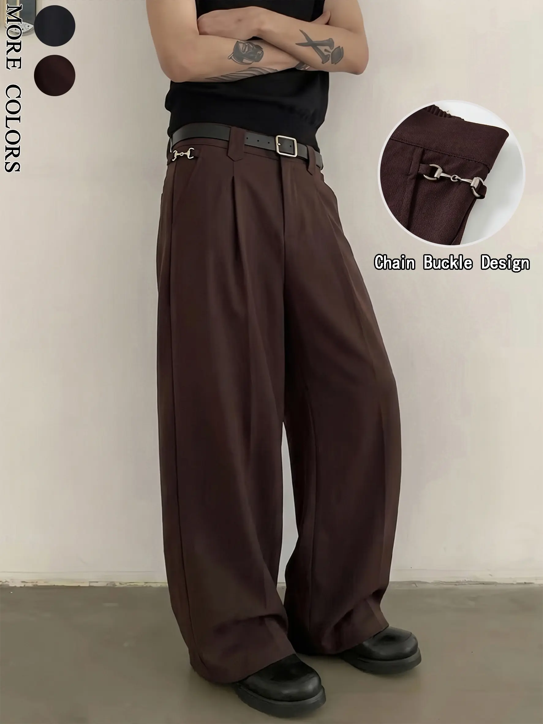 Men's 4-Way Stretch Elastane Pleated Straight Slacks - Stylish Wide Leg, Adjustable Detachable Metal Side Chain, Sword Tip Belt Loops, Elastic Back Waist, Wrinkle-Resistant Non-Iron for Business, Casual Wear