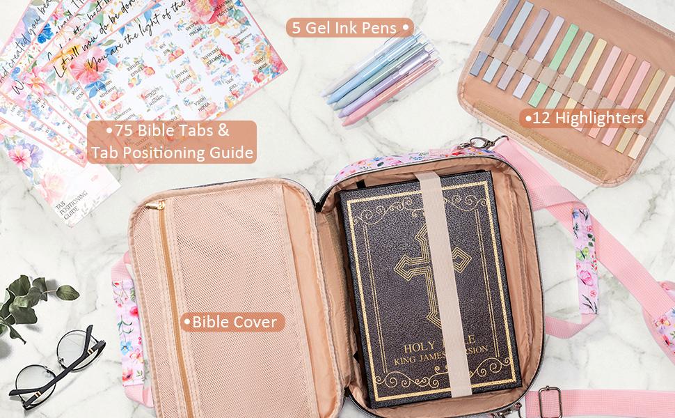 Floe Bible Cover for Women, Large Bible Bag with Shoulder Strap, Book Carrying Case, 12 Highlighters, 5 Gel Pens, 75 Tabs, Bible Study Journaling Kit, Easter Christian Valentine Gifts for Women Floe Bible Cover for Women, Large Bible Bag with Shoulder Strap, Book Carrying Case, 12 Highlighters, 5 Gel Pens, 75 Tabs, Bible Study Journaling Kit, Easter Christian Valentine Gifts for Women