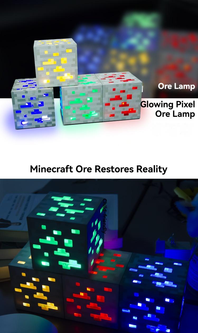 Light-Up Redstone Ore Statue Mc Ore Lamp with Diamond & Lapis Lazuli Effects Rechargeable LED Multicolor Display for Bedrooms Living Rooms