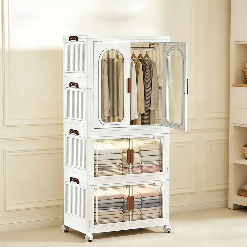 23.6 in/60cm Foldable Rolling Plastic Wardrobe with Swivel Wheels,Stackable Closet Organizer with Hanging Rod&Magnetic Clear Doors,Dustproof Armoire for Bedroom Dorm,2/3/4 Tier Collapsible Dresser,Movable Linen Toy Storage for Small ApartmentQuickAssembly