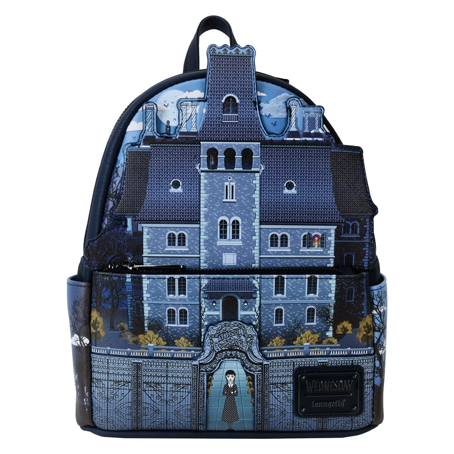 Loungefly Wednesday Nevermore Academy Castle Glow-in-the-Dark Faux Leather Casual Printed Mini Backpack, Casual Printed Backpack, Stylish Casual Daypack
