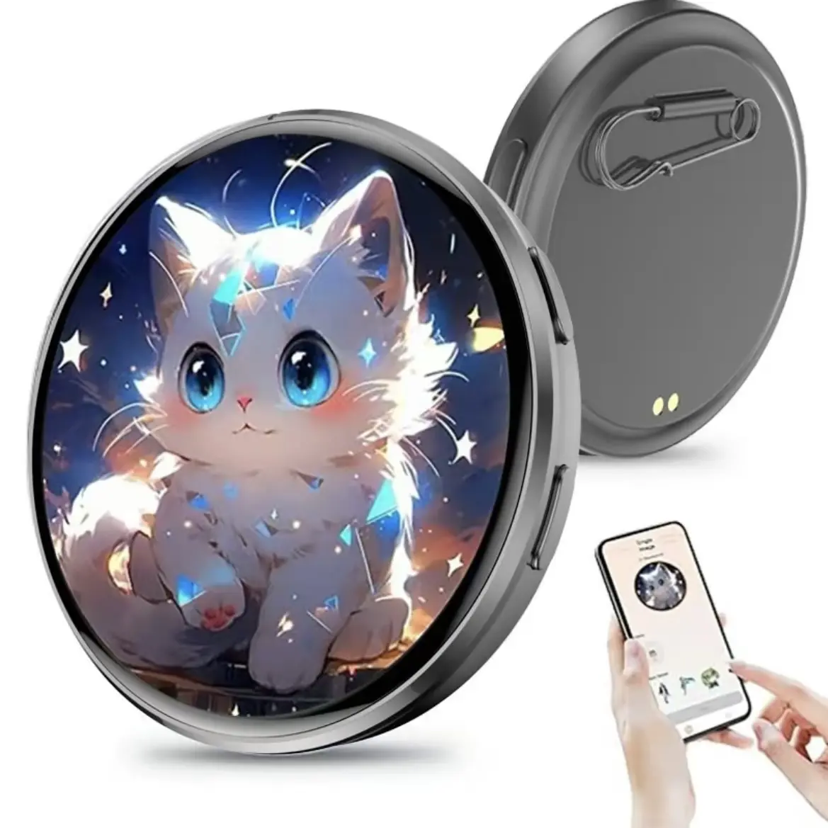 1.7" LCD HD Touchscreen Smart Digital Badge Pin - Bluetooth App Controlled, Cartoon Mini Gadget for Photos/GIFs/Videos, Safety Clip for Backpacks, Bag Accessories, Mini Gifts, Pins
