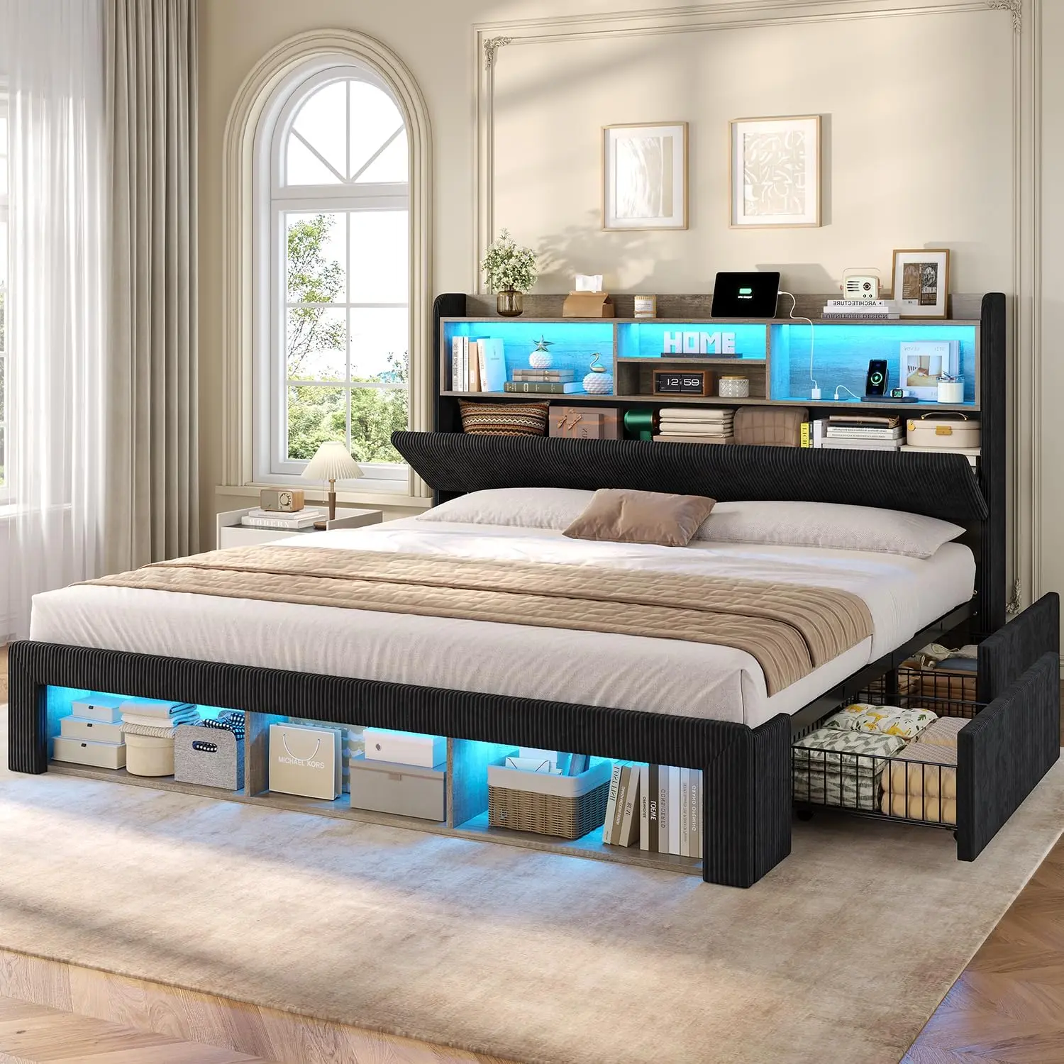 ADORNEVE California King Bed Frames with 4 Storage Drawers, Footboard Cubbies and RGB Lights, Corduroy Upholstered Platform Bed with Power Outlets and Storage Headboard, No Box Spring Needed,dorm essentials,home decor