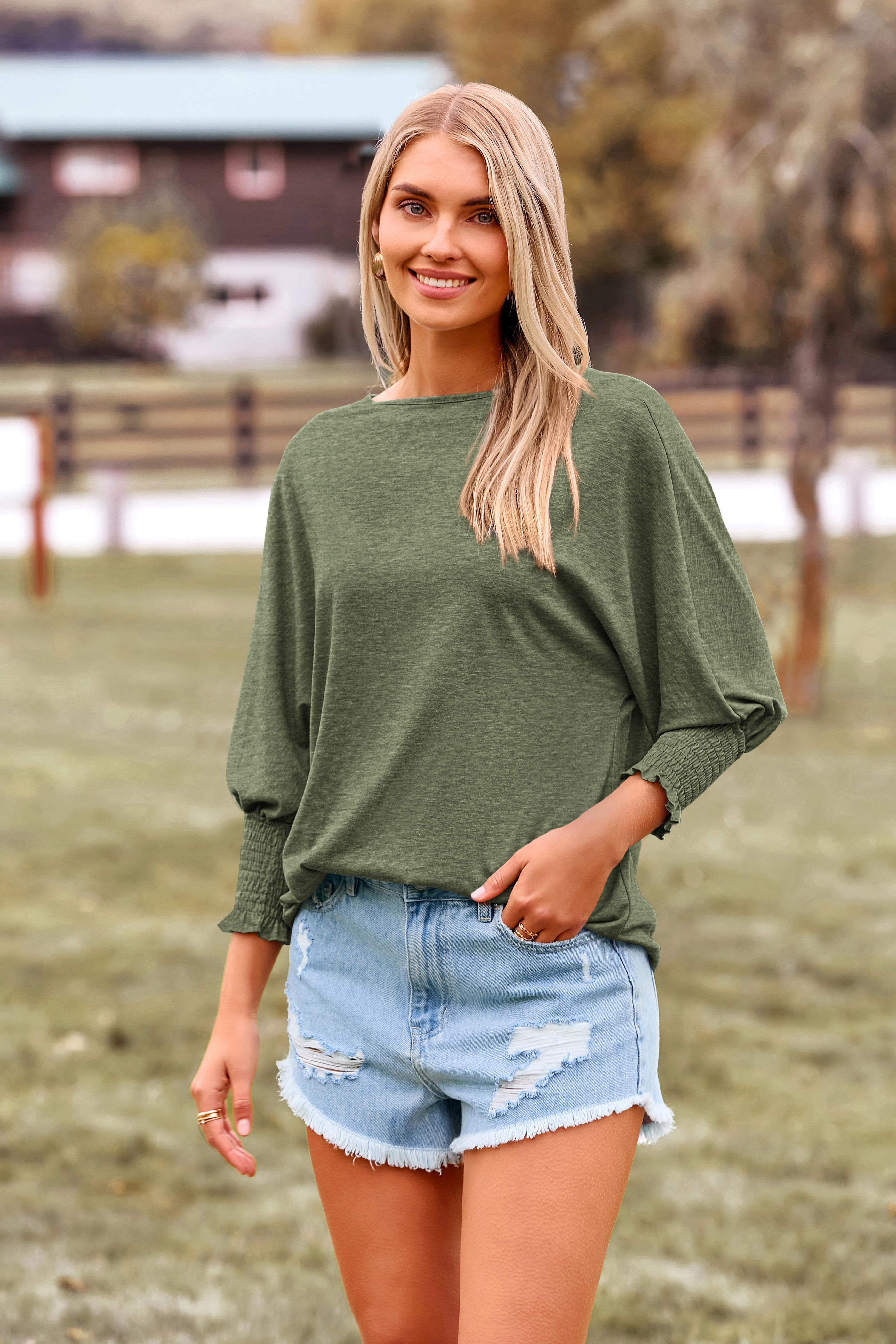 BTFBM Women's Casual Tops, 3/4 Puff Sleeve Crewneck Loose Babydoll Blouses for Summer and Fall