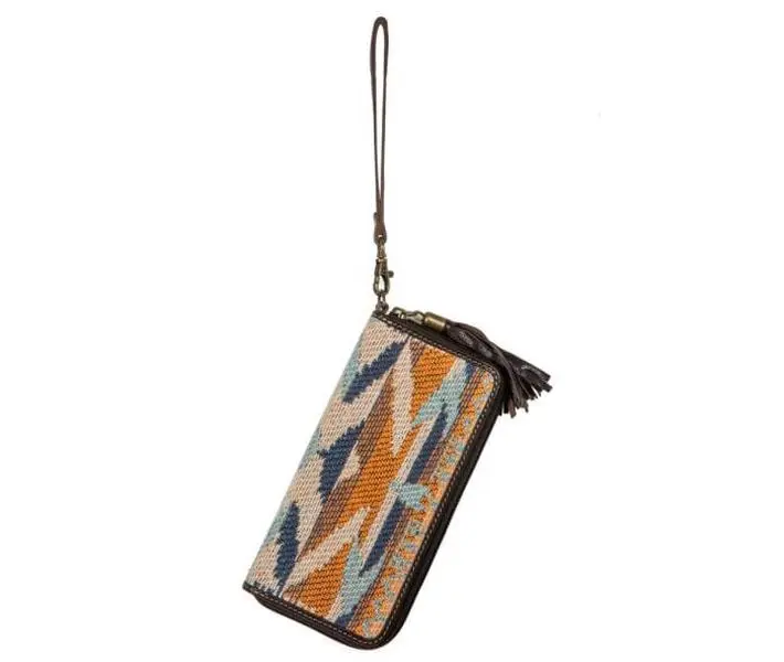 Myra Sun Serape Wallet S-8119 Tribal Rug & Genuine Leather Western Wristlet with Zippered Coin Pocket & Card Compartments 8"x4"