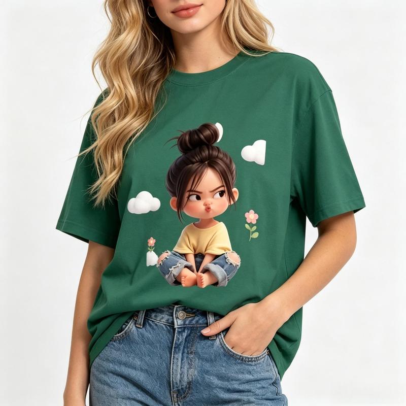 Women's Comfortable Breathable Cartoon Print Oversized T-Shirt - Dark Green, Short Sleeve, Cute Cartoon Girl, Messy Bun, Pouting, Clouds, Flowers Graphics, Y2K Aesthetic Streetwear, Summer Beach Casual Top