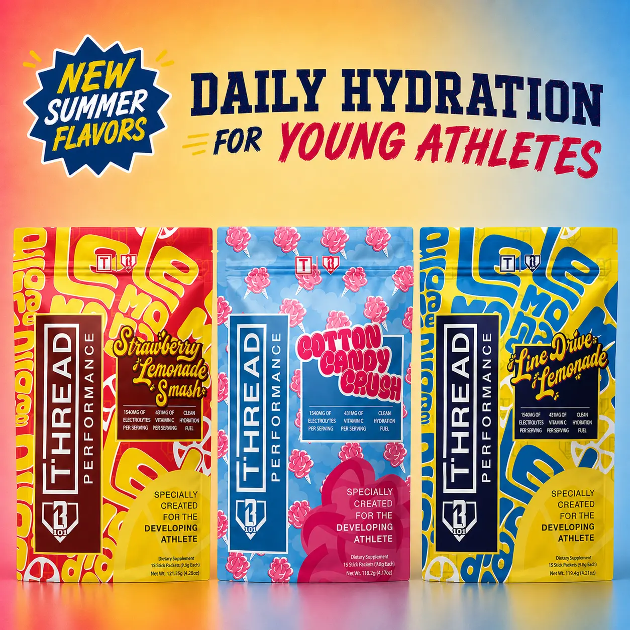 Thread Performance Daily Hydration Summer Favorites for Teen Athletes - 15 Stick Packs - Potassium-First Hydration with Magnesium, Trace Minerals & B6 B12 - Sugar-Free Electrolyte