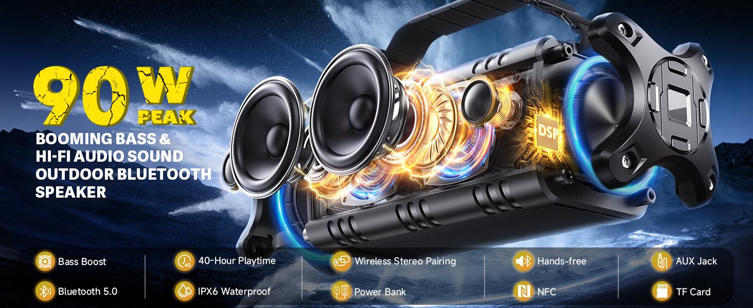 W-KING Bluetooth Speaker, 90W Max Loud Portable Speakers Bluetooth Wireless, IPX6 Waterproof Outdoor Speaker with 50W Deep Bass/2 Powerful Subwoofer/40H/Power Bank/EQ/TF/AUX/NFC for Pool/Party/Travel Rechargeable Audio