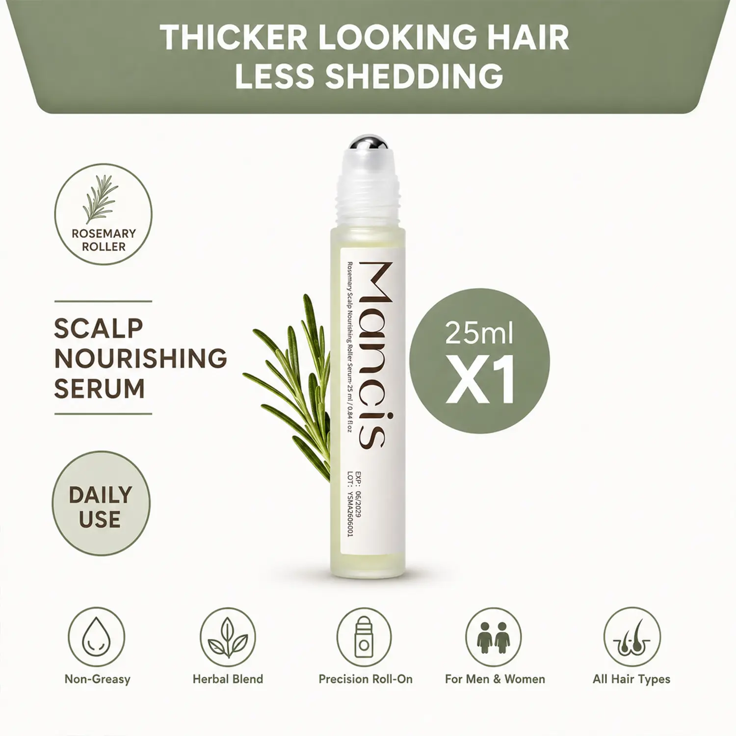 A-Mancis Rosemary Hair Regrowth Serum with Alloy Rollerball, Mess-Free Scalp Massager, Ginger+Aloe Density Boost Hair Treatment (25ml)