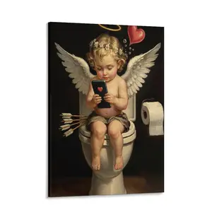 Nurawo Cupid Bathroom Wall Art Decor, Cute Valentines Day Cupid on Toilet Picture Canvas Print Poster Painting Decor for Home Bathroom