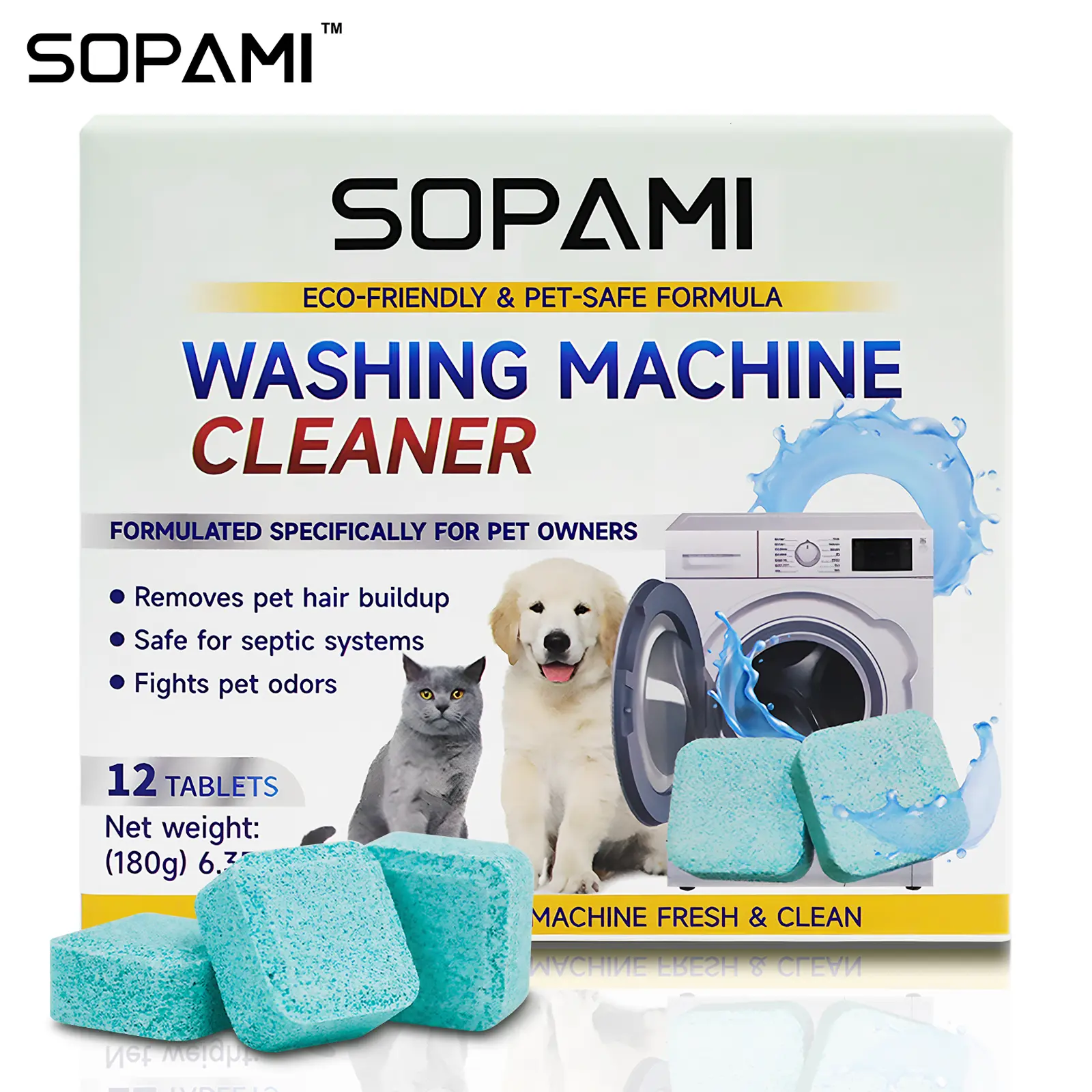 SOPAMI Washing Machine Cleaner Tablets 12 pack pet safe eco friendly cleaning tablets neutralizes pet related odors deep cleans grime keeps washing machine fresh easy to use
