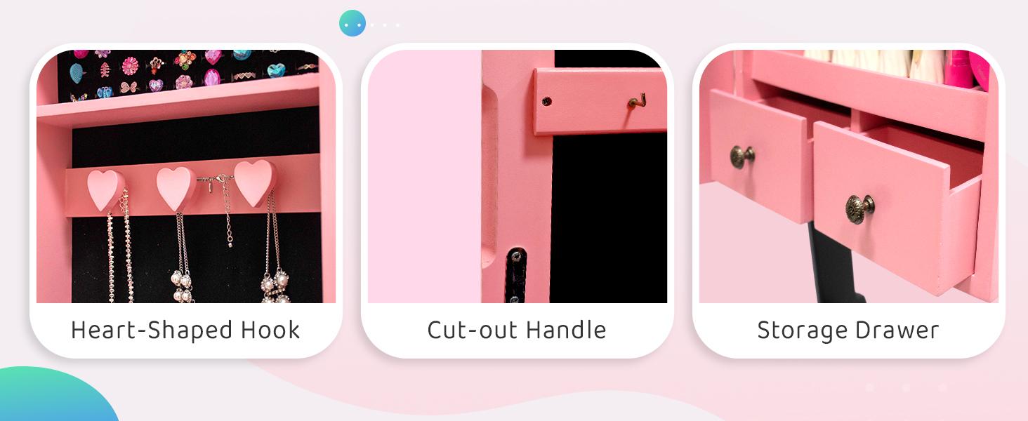 JOYMOR Kids Jewelry Cabinet, Leopard Print Jewelry Box for Girls with Full-Length Mirror, Kids Jewelry Armoire with Storage Drawers (Pink)