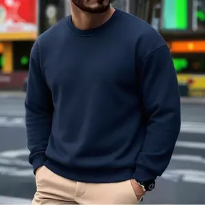 Men’s loose-fit solid-color drop-shoulder crewneck sweatshirt, casual minimalist long-sleeve pullover for spring and autumn, suitable for sports and everyday wear