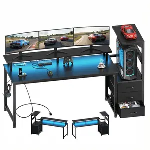 59" L-Shaped Gaming Desk with LED Lights & Power Outlets | Computer Corner Desk with Storage Shelves, PC Stand & Cable Management for Dual Monitor Streaming & Office