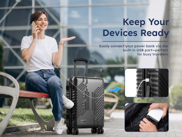 Sophia&William 20" Luggage Aluminum Frame Hard Shell Suitcase TSA Lock Suitcase USB Interface, PC+ABS Spinner