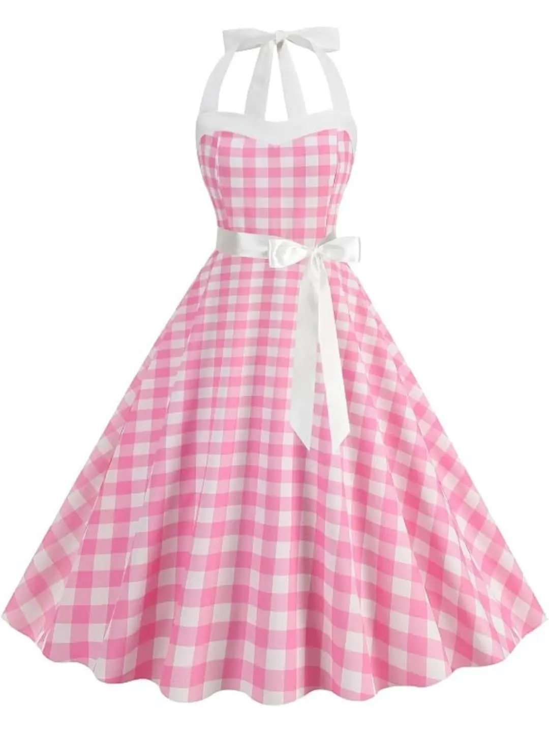 Women's 50s Vintage Shiny Polka Dot Halter Neck A-Line Dress, Mid-Century Retro Lady's Fancy Dress with Bow Detail, Matching Cocktail Casual Wear