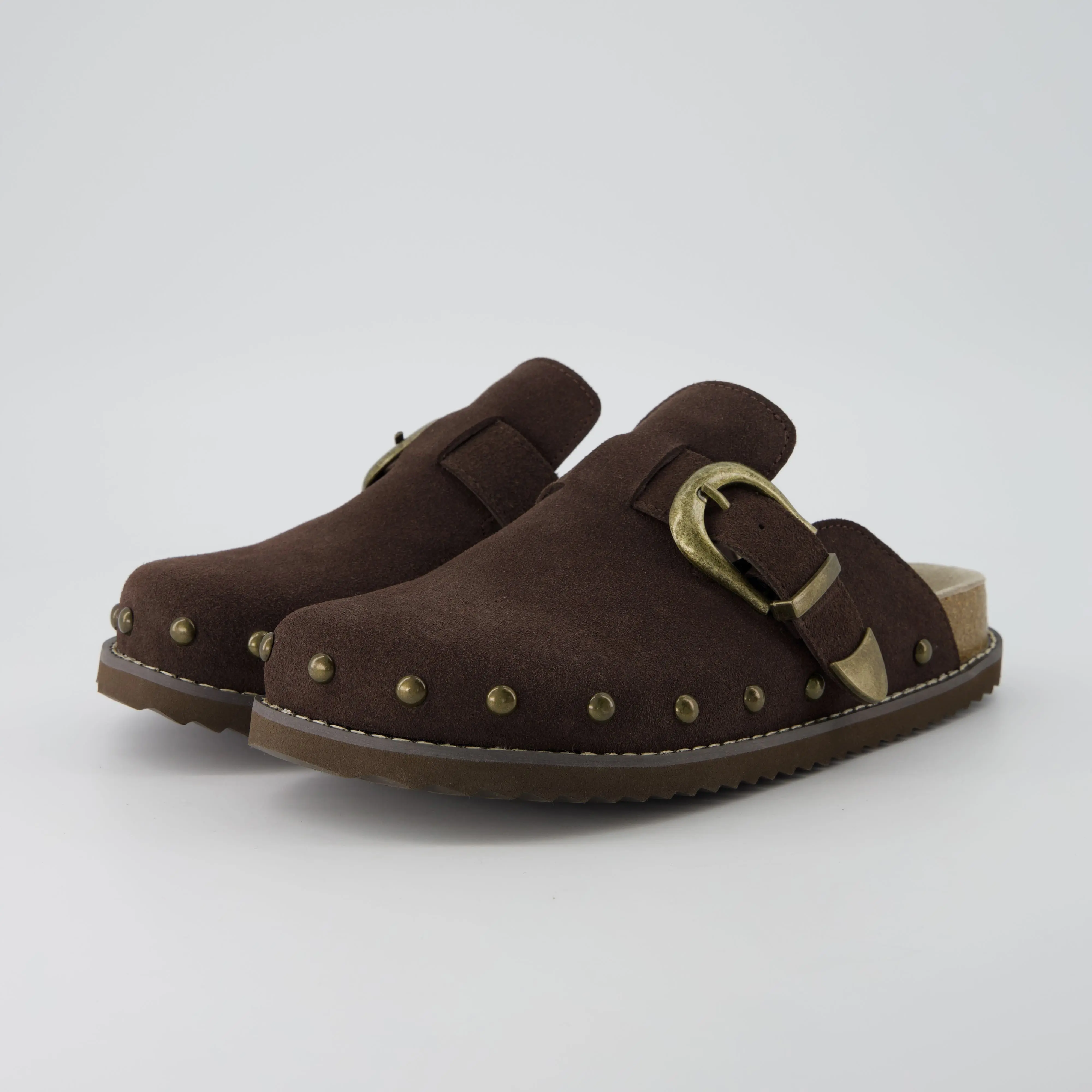 Cushionaire Women's Bronco Suede Studded Clogs - Genuine Leather Slip-On Clogs for Women with Antique Brass Buckle & Studded Detailing, Soft Memory Foam Cushioned Padded Insoles