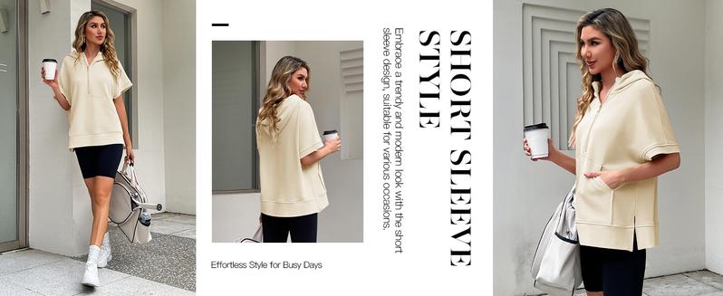 FISOEW Womens Oversized Half Zip Hoodies Short Sleeve Casual Sweatshirts Pullover Tops with Pockets Leggings Loose Aesthetic parke mockneck sweatshirt comfort sweatshirts denim tear hoodie FallFreshness #Springtok #TikTokShopJumpstartSale