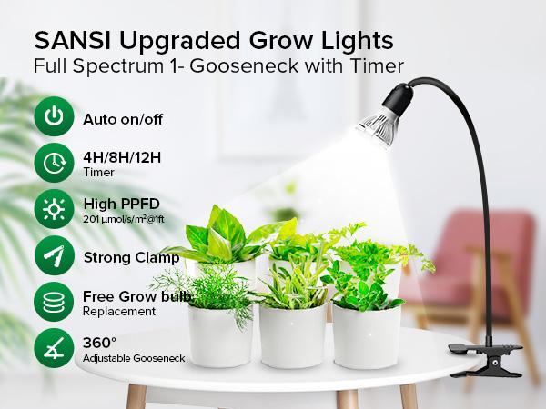 SANSI 10W LED Grow Light (150W Equivalent), Full Spectrum Gooseneck Clip Plant Lamp, High PPFD with 4/8/12H Timer for Indoor Plants