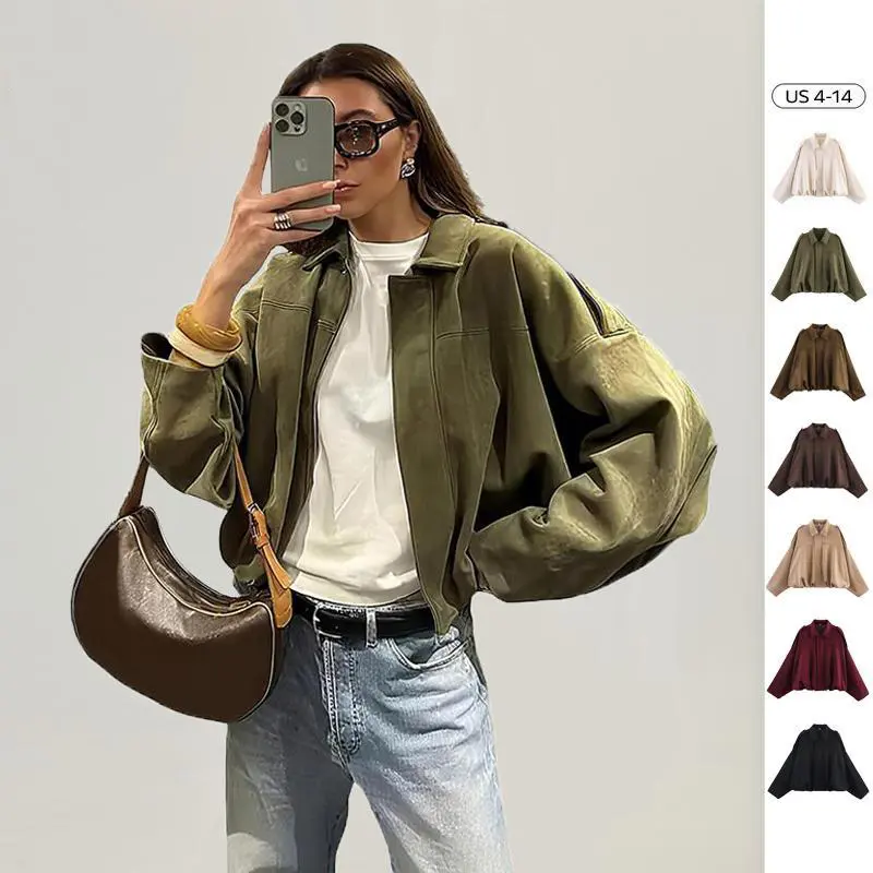 Women's Faux Suede Vintage Woven Bomber Coat - Collared Neck, Plain, Batwing Sleeves, Epaulets, Zip-Up Long Sleeve, Warm Oversized Dark Brown Casual Outerwear for Autumn Winter Everyday Wear (Suggest Size Down 1), Tops, Lady