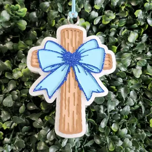 Wooden Cross With Bow Scented Car Freshie. Hang From Your Rear View Mirror.