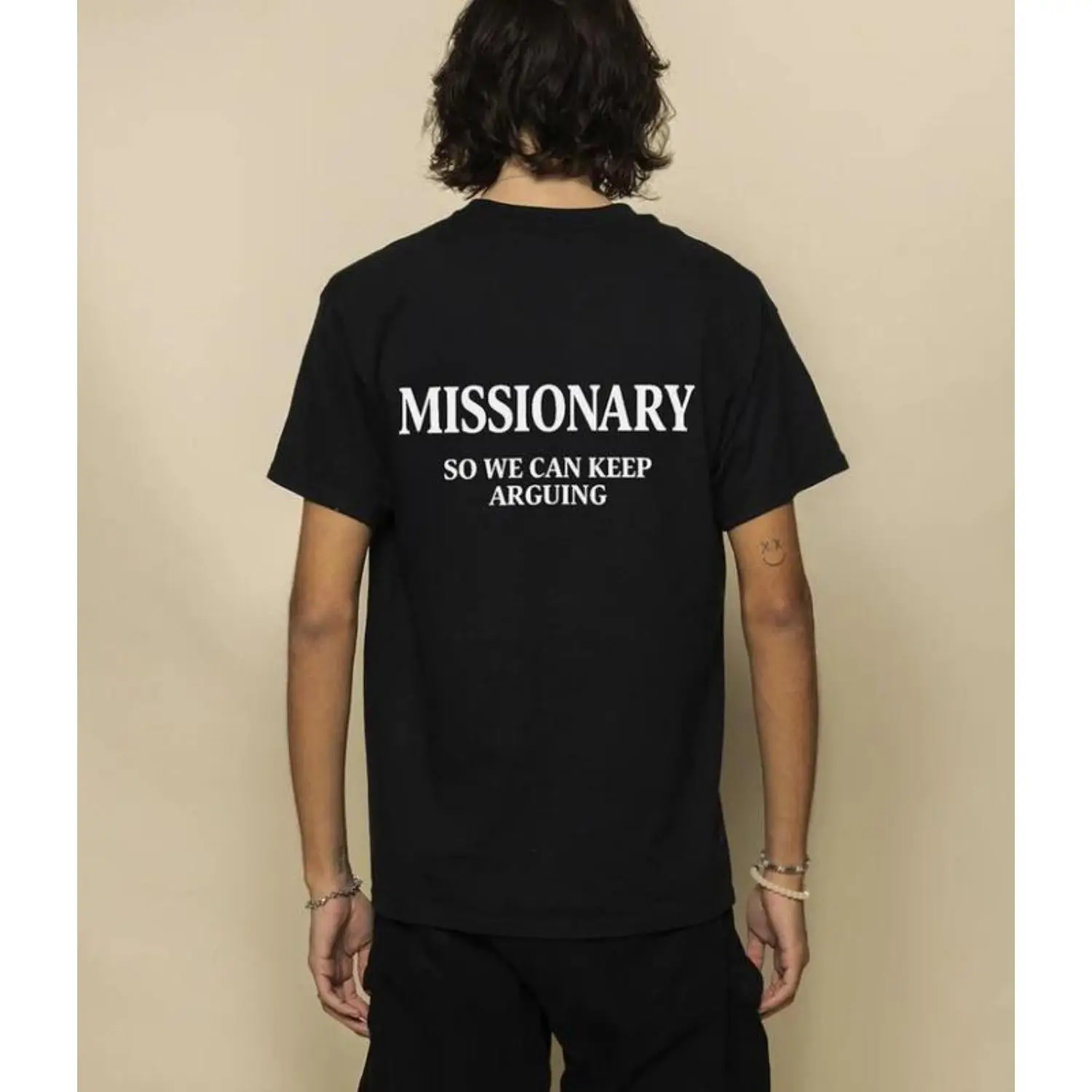 Funny Streetwear Graphic Tee – “MISSIONARY SO WE CAN KEEP ARGUING” Statement Shirt for Men & Women, Gift for Her and Him, Vibes