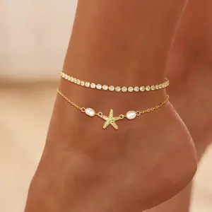 Loaylove&Tewiky Women's Gold Tennis Chain Starfish Pearl Ankle Bracelet, Adjustable Chain Set, Petite and Cute, Perfect for Summer Wear, Ideal as Summer waterproof Barefoot Jewelry or Gift.