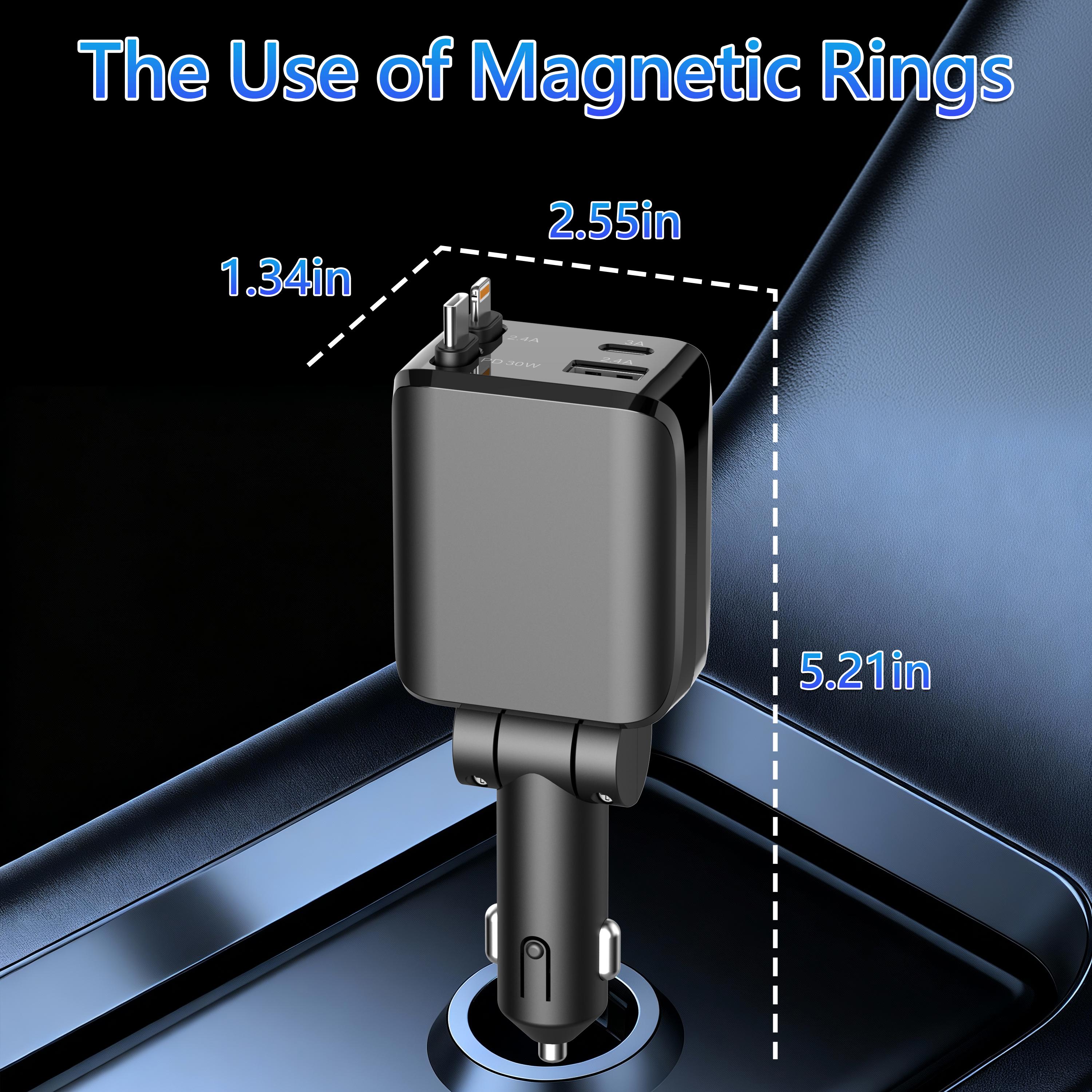 4-in-1 Retractable Car Charger, 60W Fast USB C Charging Adapter with Lightning Cable & Dual Ports for iPhone, iPad, AirPods, Samsung, Google Devices
