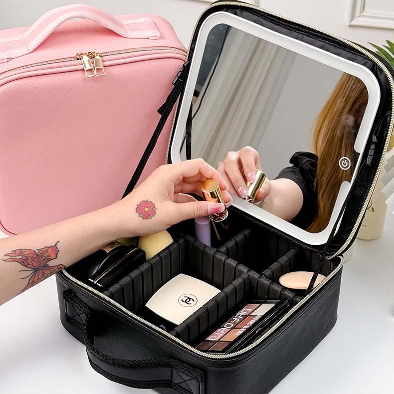 Glow-in-Bag Travel Makeup Case - Integrated Mirror with 3 Color Temperatures, Compact Cosmetic Organizer for Beauty Accessories & Makeup Tools