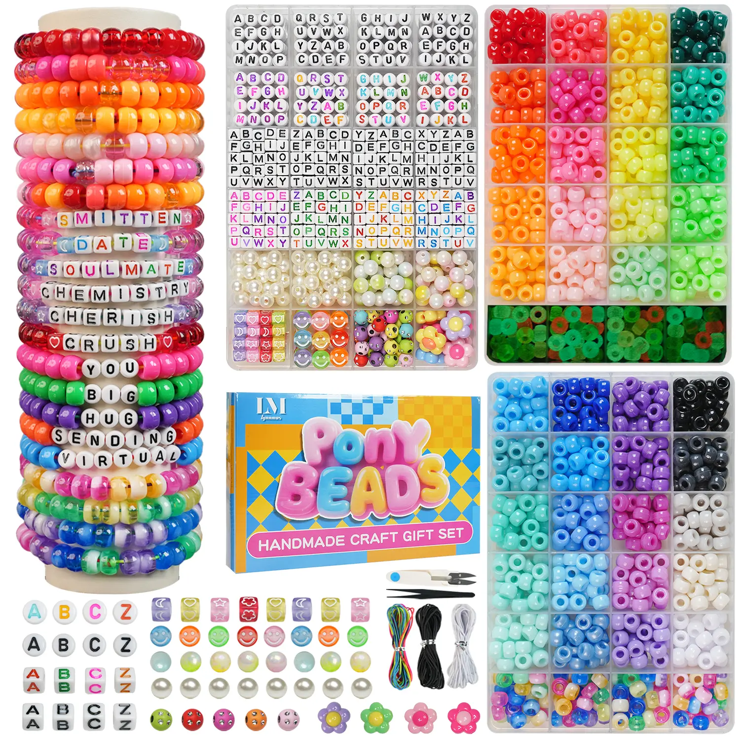 3-Box Jewelry Making Kit, 2400Pcs Glow-in-the-Dark & 2-Tone Pony Beads with Elastic Cords & Tools for Friendship Bracelet DIY Crafts, Toys, Ideal Birthday Gifts for 10–12 Girls