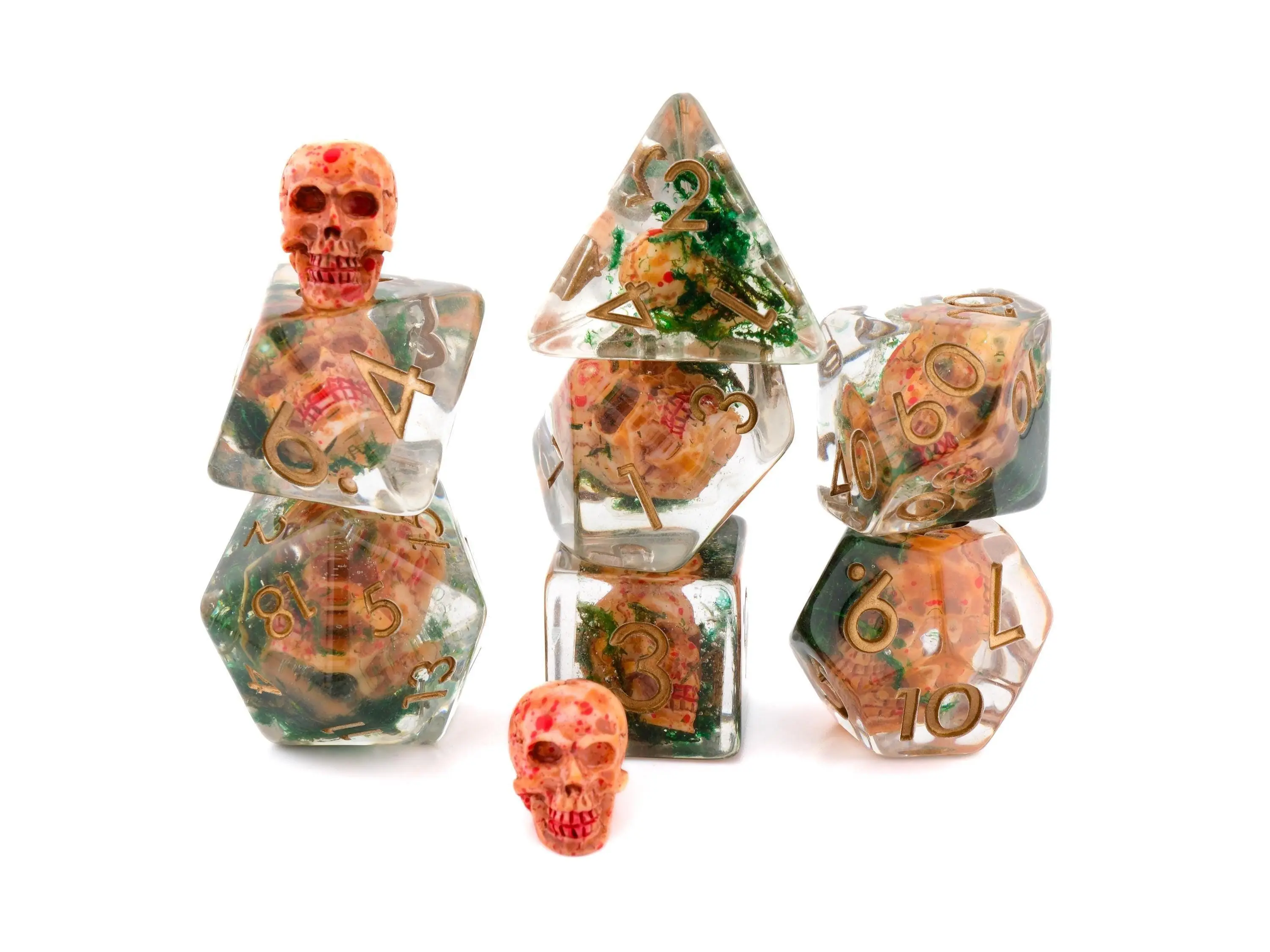 Bloody Skull Mossy Bone Resin 7-Piece Dice Set for DnD, RPG Games