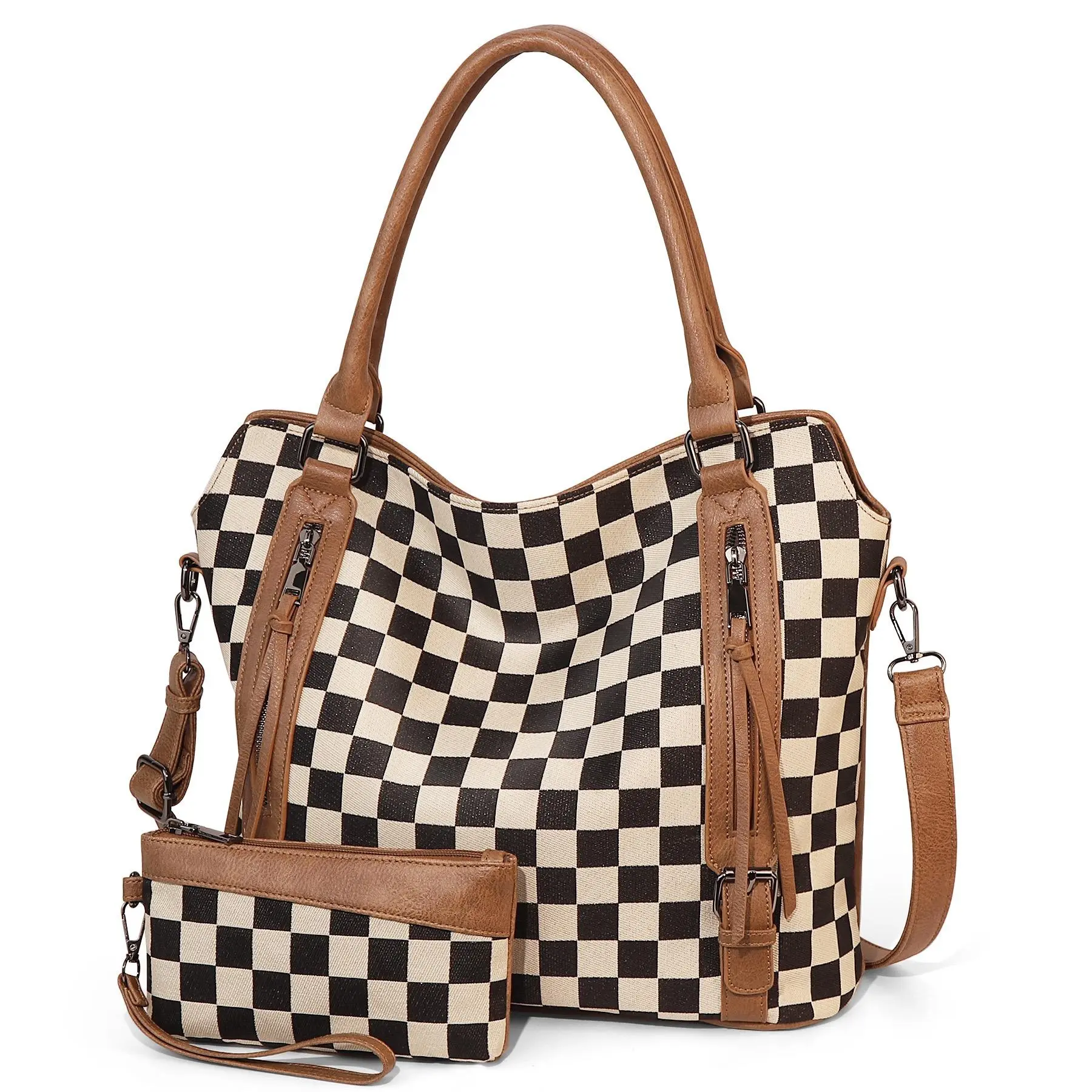 [CC SHOP]Women Checkered Canvas Tote Bag with Matching Wristlet Wallet, Large Capacity Checkerboard Shoulder Handbag, Convertible Top Handle Crossbody Purse for Work Travel Daily