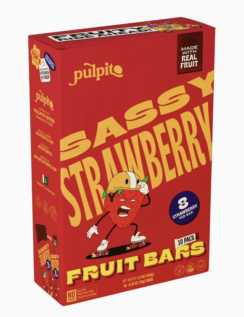 Pulpito - Natural Fruit Bar Snack, Sassy Strawberry 10pk. 3.5oz