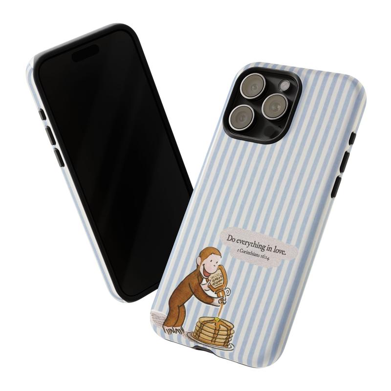 lsai Vintage Curious George Phone Case – Cartoon Monkey Pouring Syrup on Pancakes with Bible Verse "Do Everything in Love" on Blue Striped Background, Cute Protective Cover for iPhone 16 Pro Max 15 14 13 12 11 X, Samsung Galaxy S25 S24 S23 S22.8lsai