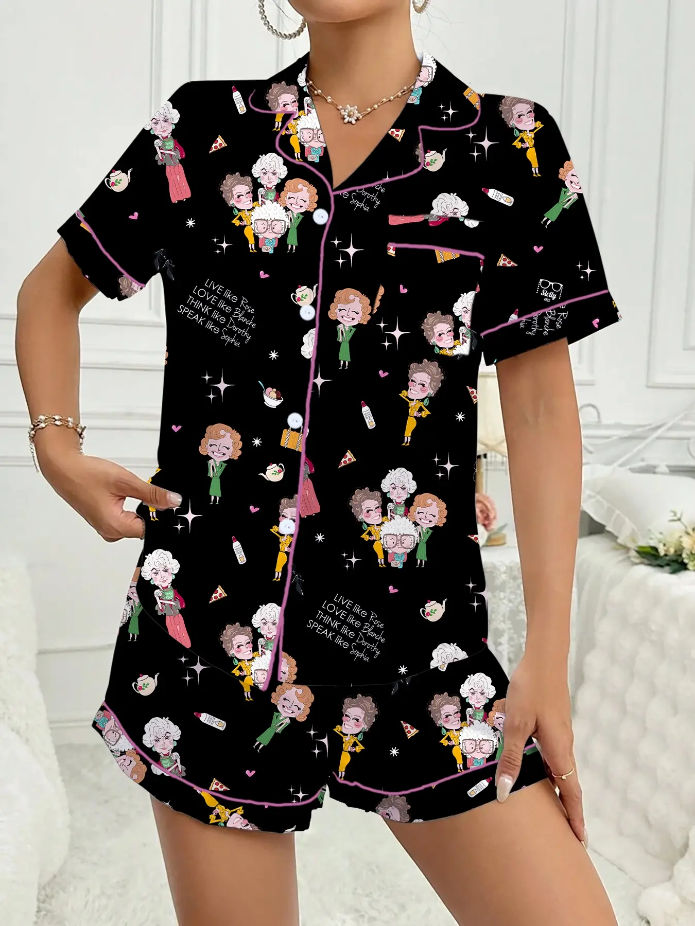 Golden Girls Character Print Women's Pajama Set, Short Sleeve Lapel Top & Shorts, Comfortable Light Loungewear, Party Gift, All-Season Casual Style, Nightwear