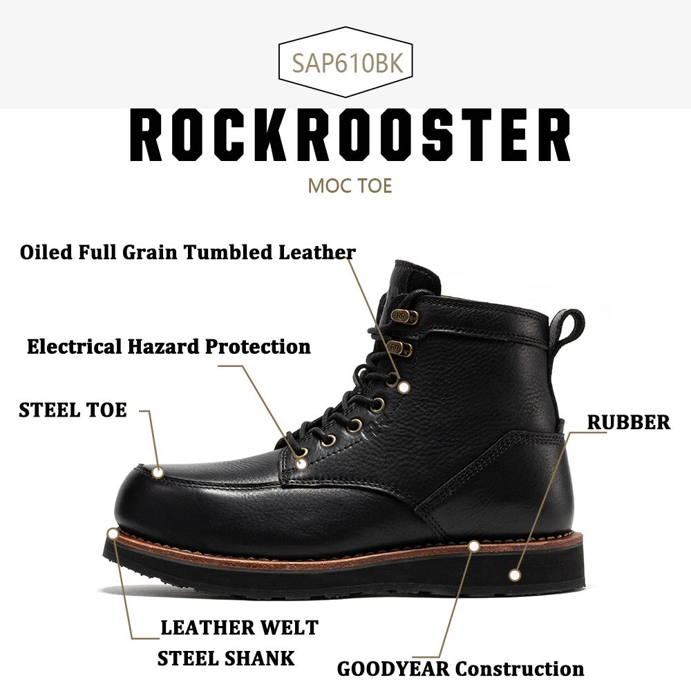 ROCKROOSTER Norwood Steel Toe Men's 6-Inch  Work Boots Brown Water-Resistant Leather for Safety Construction Worker Footwear - Boy