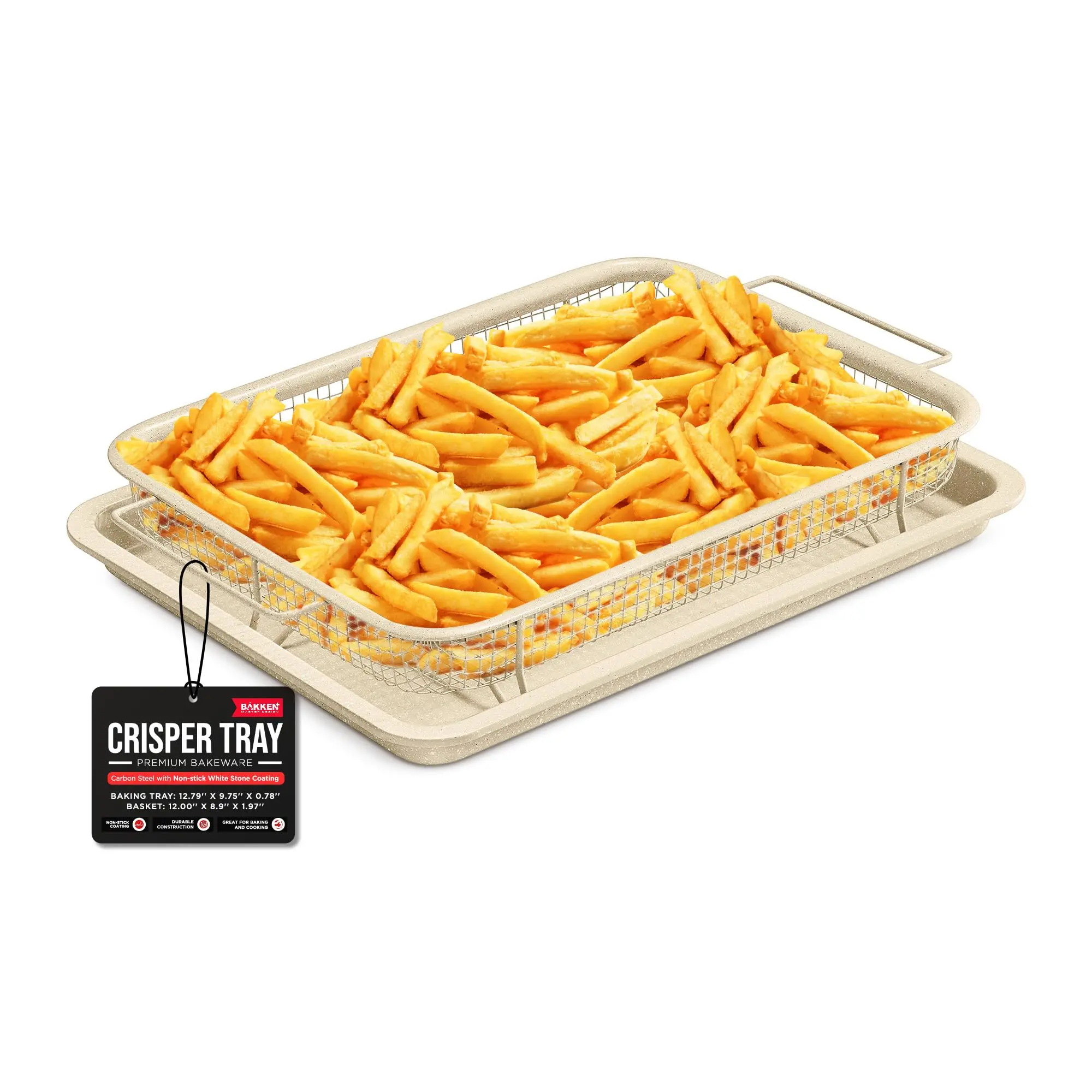 Bakken Swiss Nonstick Carbon Steel Crisper Tray Set - 2-Piece 9.5" x 13" PFOA-Free Oil-Saving Baskets, Non-Toxic Heavy Duty Essential Bakeware for Regular Ovens, Golden Crispy Chips Prep