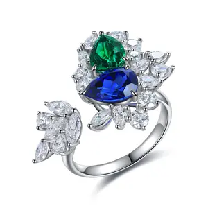 Emerald Sapphire Pear Cut Ring – S925 Sterling Silver – Art Deco Engagement Ring – Green Blue Gemstone Gift for Her