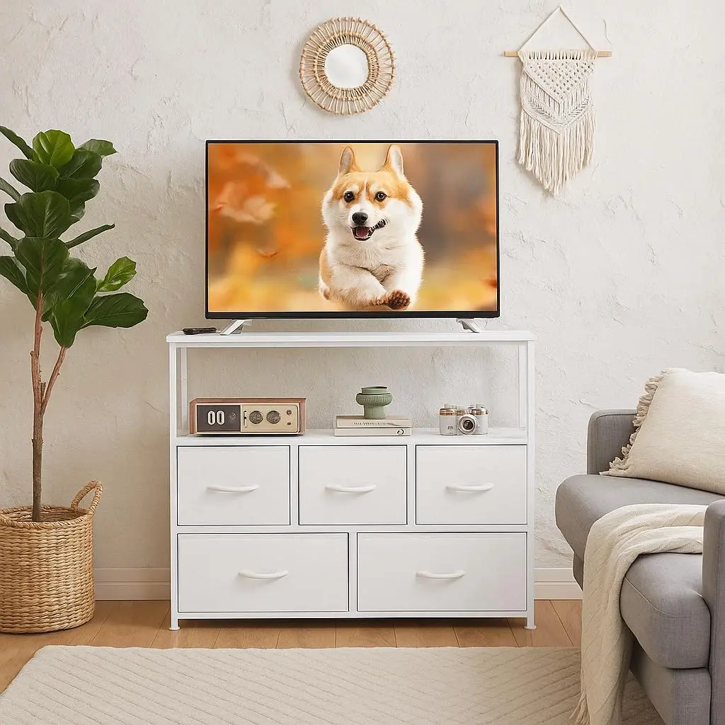 Sweetcrispy TV Stand Bedroom - Wood Media Console, TV Consoles Cabinet with 5 Fabric Drawers, Open Storage Shelf Entertainment Center for Indoor Use