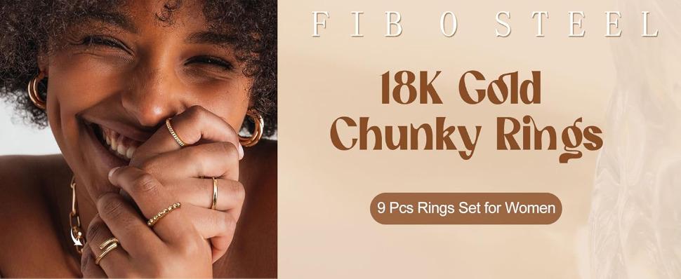 FIBO 9 Pcs Chunky Gold Rings Set for Women 18K Gold Plated Adjustable Open Dome Rings Statement Signet & Liquid Metal Wave Finger Jewelry Aesthetic Trendy Pack for Party Gift SpringStatements